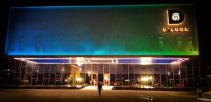 new boutique hotel exterior night Europe 2025