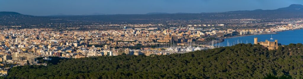 Palma de Mallorca city skyline bay and old town aerial